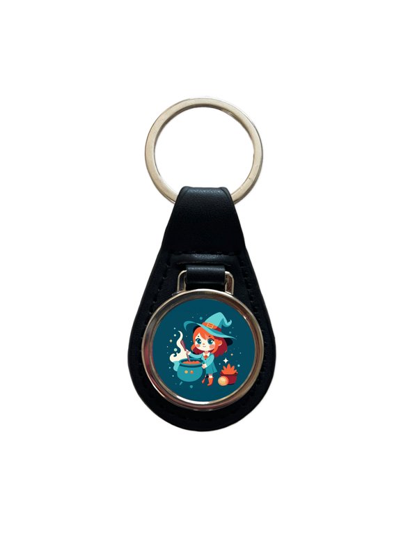 Cute Witch Stirring Cauldron Halloween Metal Black Leather Keychain