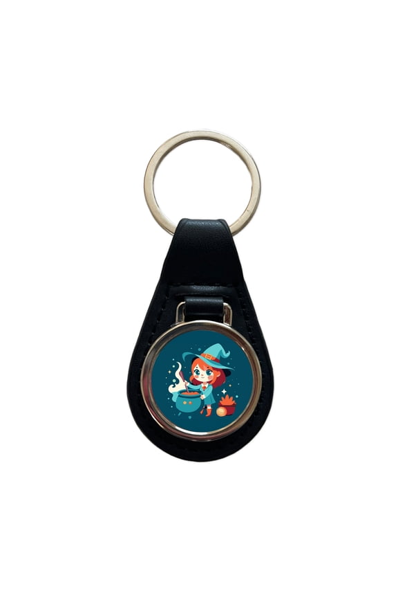 Cute Witch Stirring Cauldron Halloween Metal Black Leather Keychain