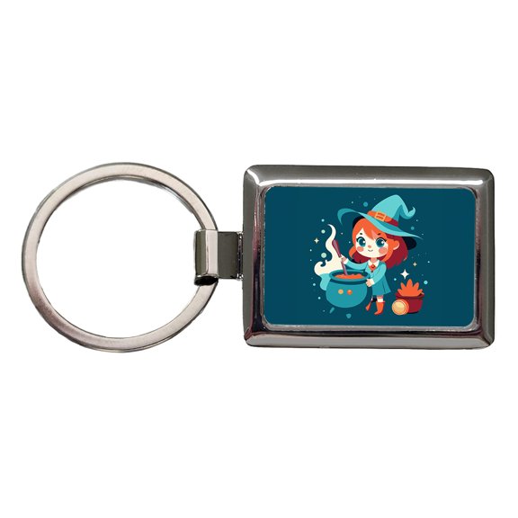 Cute Witch Stirring Cauldron Halloween Metal Rectangle Keychain