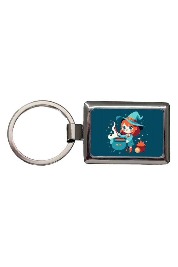 Cute Witch Stirring Cauldron Halloween Metal Rectangle Keychain