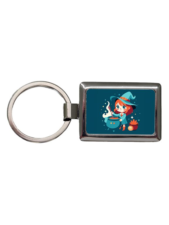 Cute Witch Stirring Cauldron Halloween Metal Rectangle Keychain
