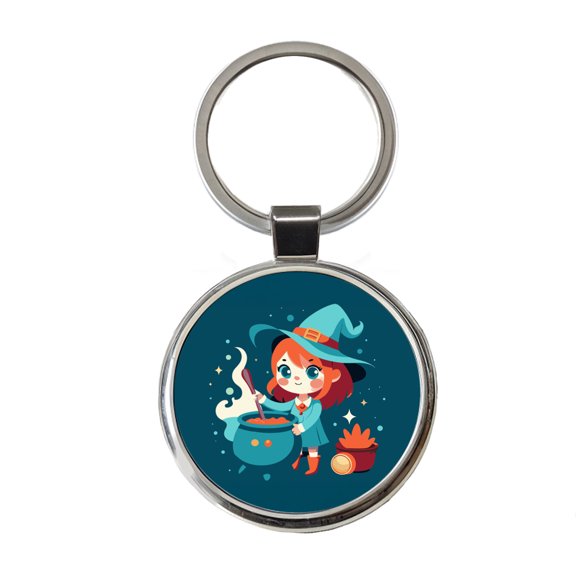 Cute Witch Stirring Cauldron Halloween Metal Round Keychain