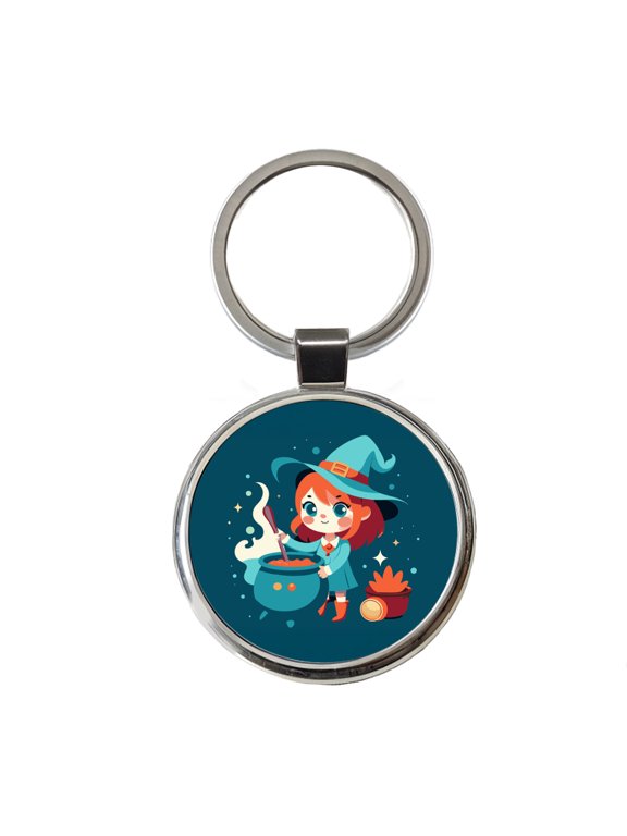 Cute Witch Stirring Cauldron Halloween Metal Round Keychain