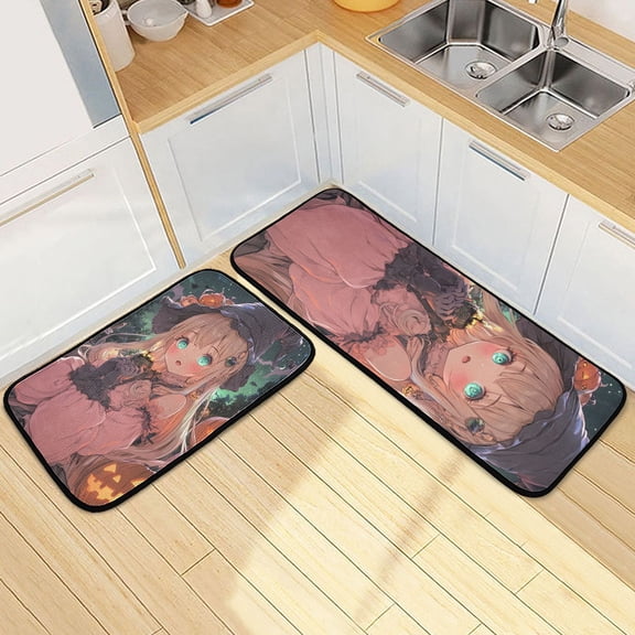 Cute Witch for Halloween Kitchen Mat Set of 2 Cushioned Non Slip Rugs for Bedroom Floor Runner Mats