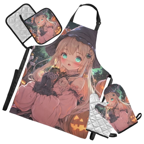 Cute Witch for Halloween Oven Mitts and Pot Holders with Chef Apron Set 5 Pcs Kitchen Cooking Set