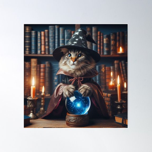 Cute Wizard Cat Poster Wall Art, Modern Wall Decor For Living Room Bedroom, 16x16 UNFRAMED