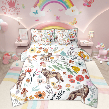 Cute Wolf Comforter Set 7 Piece Bed in a Bag Twin,Mushroom Floral Cartoon Animal Bedding Sets Watercolor Flowers Leaves Sheet Set with Comforter
