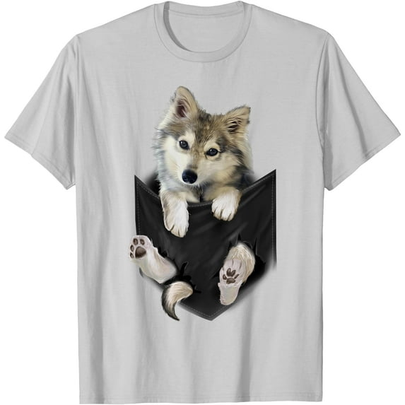 Cute Wolf Cub Pup in the Pocket (Graphic Pocket) Wild Animal Lover Unisex T-Shirt for Men Women Kids Toddler,Ice Grey Color,Size M