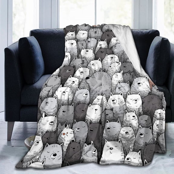 Cute Wolf Doodle Pattern Throw Blanket, Artistic All-Over Print Soft Flannel Fleece, Modern Home Decor and Animal Lover Gift 50x40
