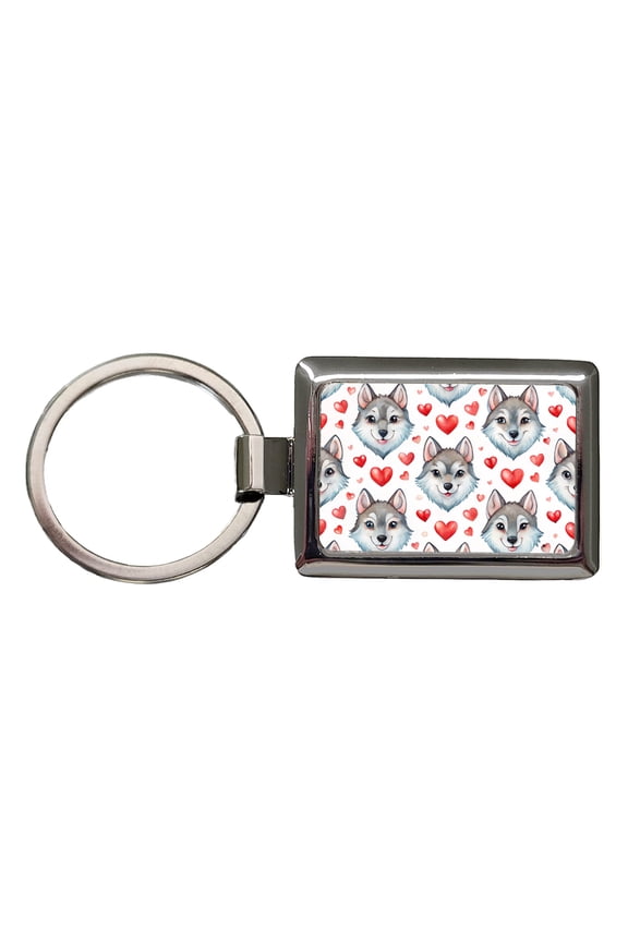 Cute Wolf Faces Hearts Watercolor Metal Rectangle Keychain
