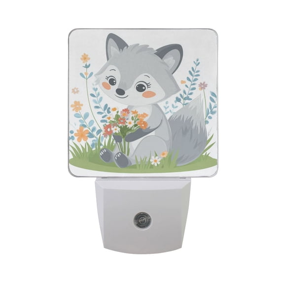 Cute Wolf Holding Flowers LED Night Light with Smart Sensor Plug Into Wall Dusk to Dawn 2 packs