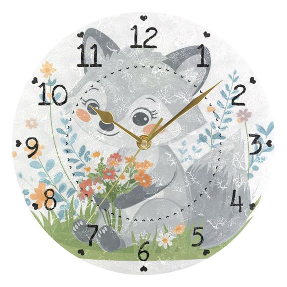 Cute Wolf Holding Flowers Round Wall Clock Silent Analog Battery Operated Gold Pointer Home Decor 9.84" Diameter