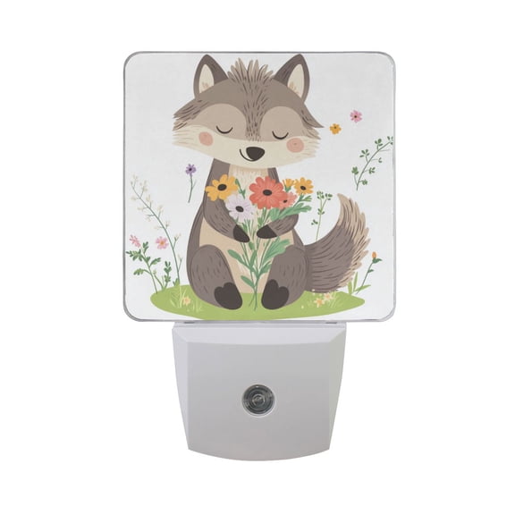 Cute Wolf Hug Flowers LED Night Light with Smart Sensor Plug Into Wall Dusk to Dawn 2 packs