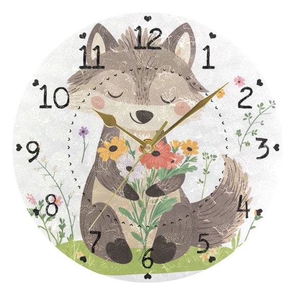 Cute Wolf Hug Flowers Round Wall Clock Silent Analog Battery Operated Gold Pointer Home Decor 9.84" Diameter