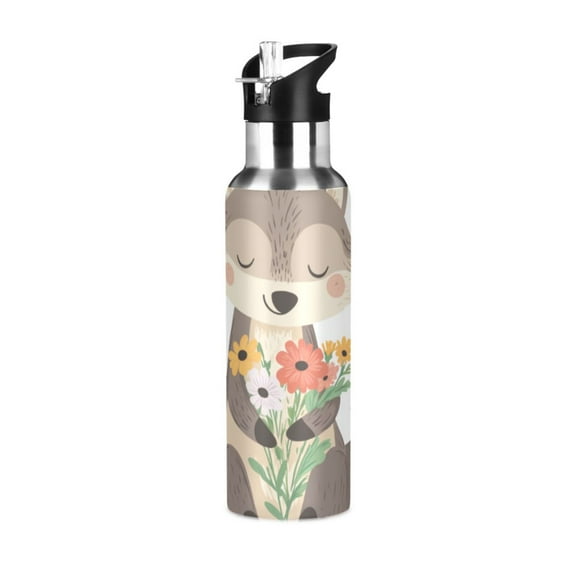 Cute Wolf Hug Flowers Sports Bottle with Straw Stainless Steel Water Jug Portable Thermal Cup Leak-proof 600ML