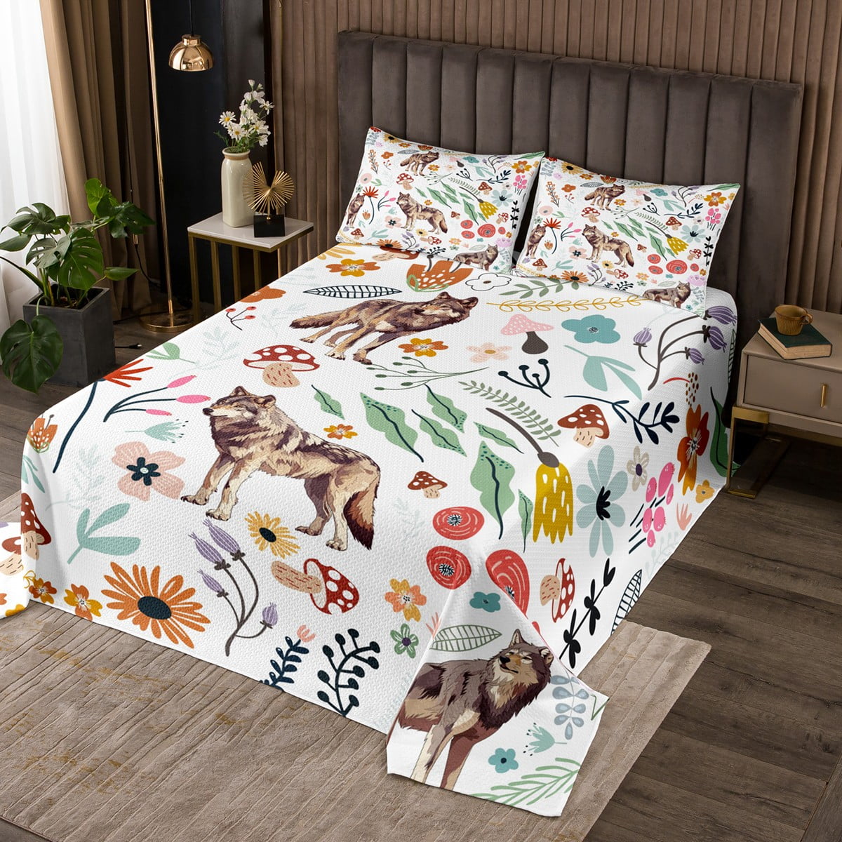 Cute Wolf Quilt Set Mushroom Floral Queen Bedspread Set for Girls