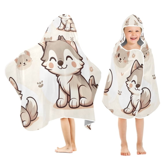 Cute Wolf Toddler Hooded Beach Towel 24" x 50" Kids Bath Towels Soft Quick Dry for Swim Pool Boys Girls