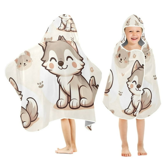Cute Wolf Toddler Hooded Beach Towel 24" x 50" Kids Bath Towels Soft Quick Dry for Swim Pool Boys Girls