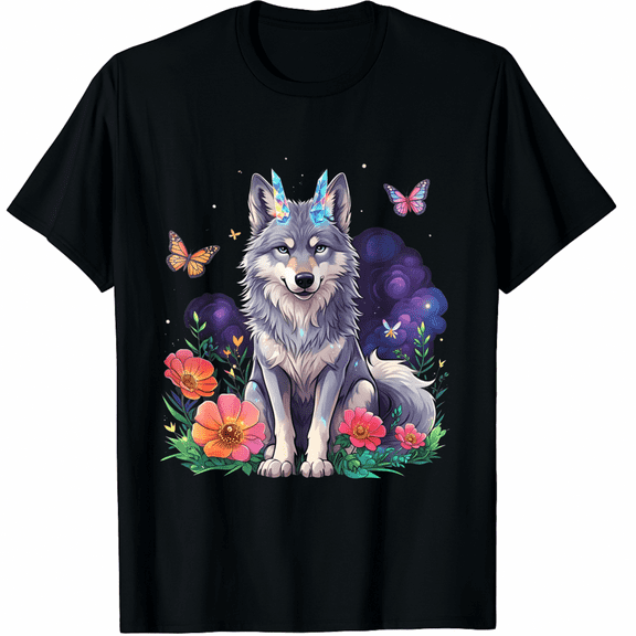 Cute Wolf With Flowers T-Shirt for Men Women