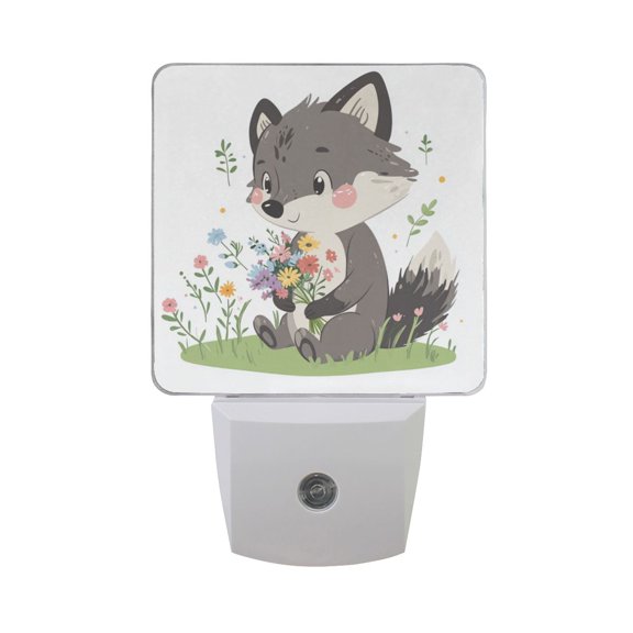 Cute Wolf with Bundle Of Flowers LED Night Light with Smart Sensor Plug Into Wall Dusk to Dawn 2 packs
