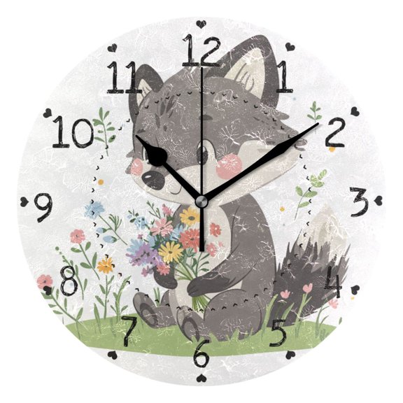 Cute Wolf with Bundle Of Flowers Round Wall Clock Silent Analog Battery Operated Black Pointer Home Decor 9.84" Diameter