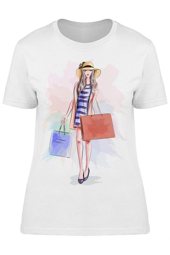 Cute Woman With Bags T-Shirt Women -Image by Shutterstock, Female Medium