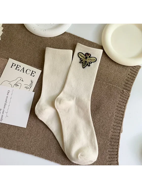Cute Women’s Fashion Bee Socks, Kawaii Bling Socks, Simple Style Solid Color Cotton Crew Socks, 4-Pack