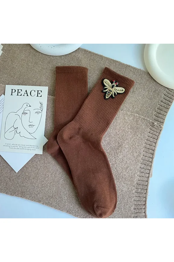 Cute Women’s Fashion Bee Socks, Kawaii Bling Socks, Simple Style Solid Color Cotton Crew Socks, 4-Pack