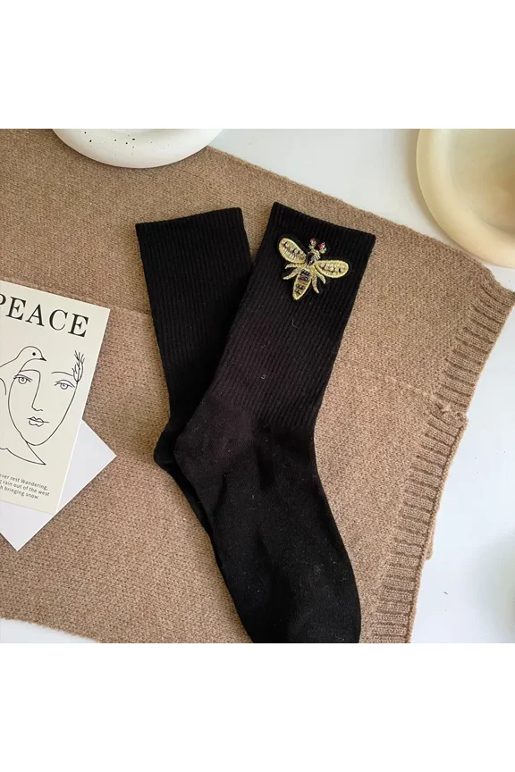 Cute Women’s Fashion Bee Socks, Kawaii Bling Socks, Simple Style Solid Color Cotton Crew Socks, 4-Pack