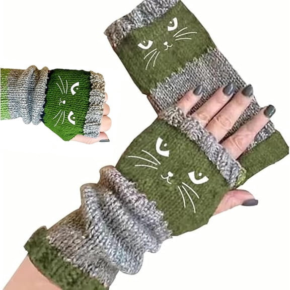 Cute Women's Knitted Cat Gloves, Fingerless Gloves for Women with Cat Embroidery, Cozy Knit Fabric for Winter Wear
