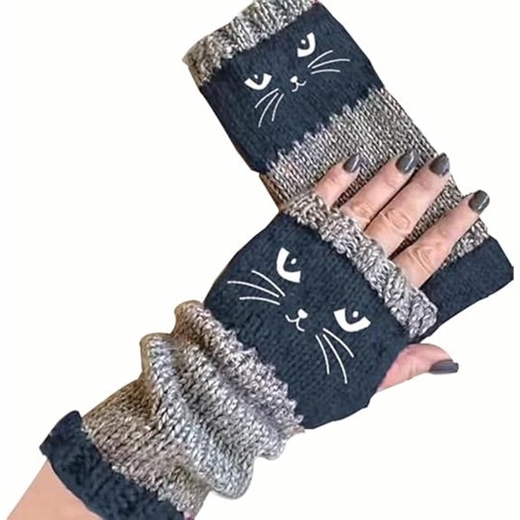 Cute Women's Knitted Cat Gloves, Fingerless Gloves for Women with Cat Embroidery, Cozy Knit Fabric for Winter Wear