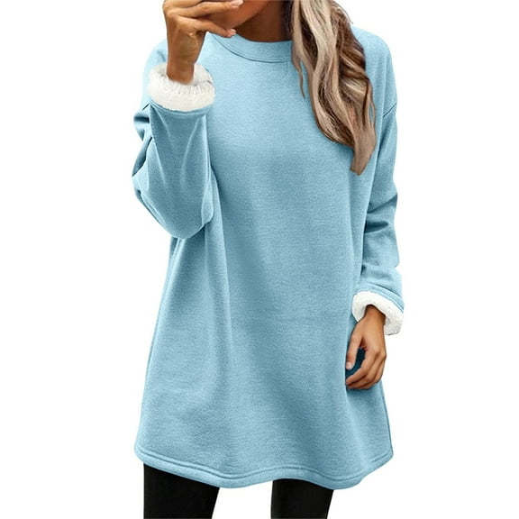 Cute Women's Oversized Plus Size Fleece Lined Warm Long Sleeve Round Neck Sweatshirt for Fall Winter Casual Outfits, Daily Wear, and Comfortable Tops Light Blue XXXL