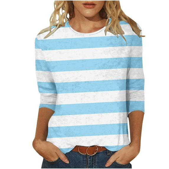 Cute Women's Striped Printed 3/4 Sleeve Tops 2023 Fall Casual Loose Round Neck Tee Shirts Fashion Pullover Blouses