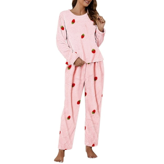 Cute Womens Fall Pajamas Women Casual Pajamas Sets Coral Fleece Long Sleeve Tops And Long Pants Strawberry Printing Sleepwear Two Piece Set