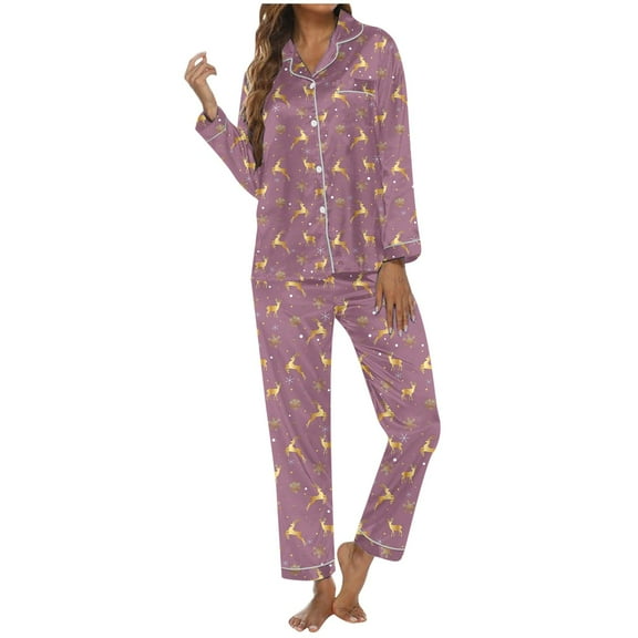 Cute Womens Fall Pajamas Women's Christmas Printed Button Pocket Long Sleeved Pants Home Sleepwear Set