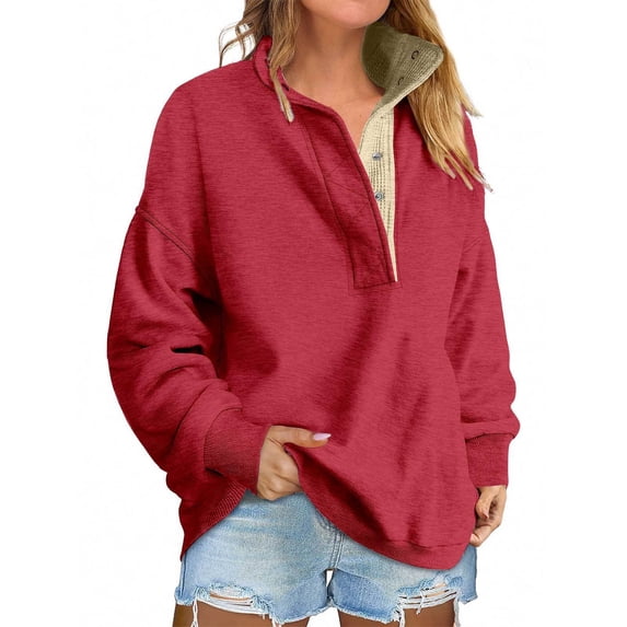 Cute Womens Oversized Henley Collared Sweatshirt with Snap Buttons Soft Thermal Long Sleeve Pullover for Daily Outfits 2026 Red XL