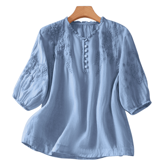 Cute Womens Tops Floral Embroidery Collar Loose Three Quarter Sleeve ...