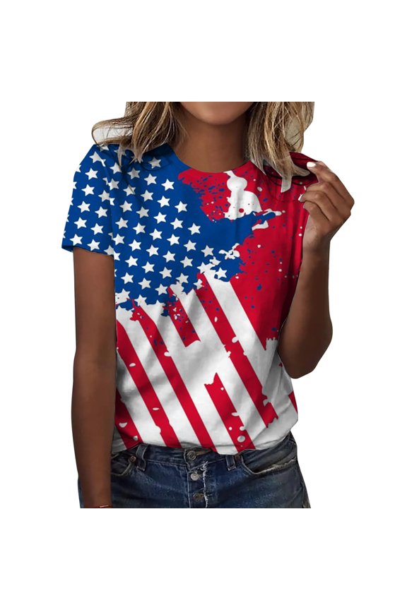 Cute Womens Tops Independence Day O Neck 4 of July Print Short Sleeve Beach Vacation Clothes for Women,Red,S