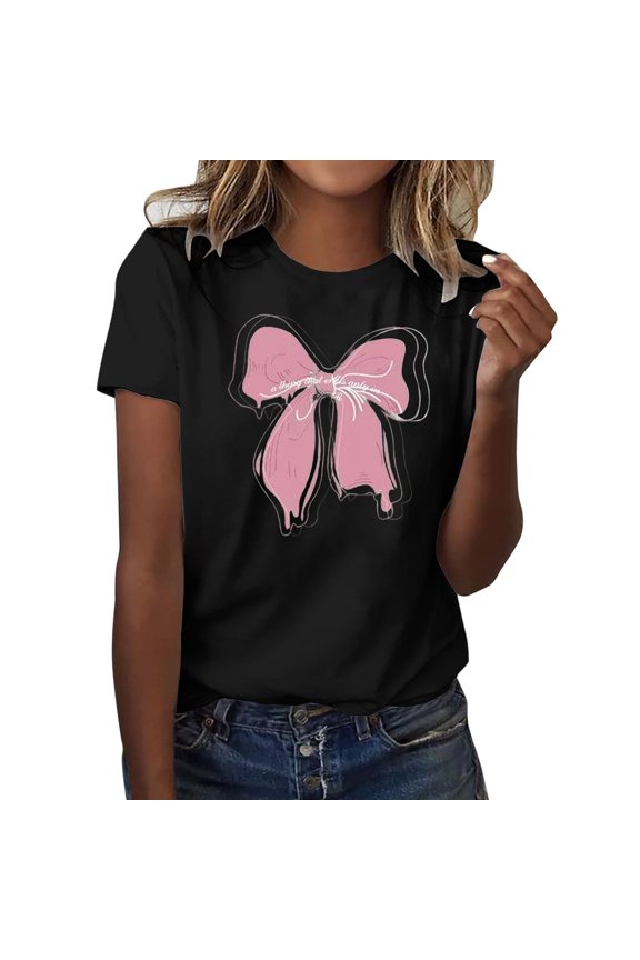 Cute Womens Tops Short Sleeve Print Soft Basic Round Neck Fit Womens Summer Tops,Black,S