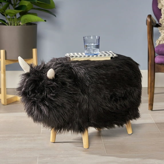 Cute Wood Foot Stool, Adorable Upholstered Black Yak Ottoman, Shoes Changing Seat with Cushioned for Kids,Adults, Living Room, Bedroom, Nursery Gameroom, Playroom, Porch Furniture, Black