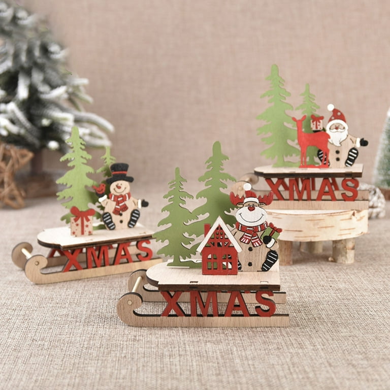 Cute Wood Sleigh Santa Claus Snowman Tree Shape DIY Display