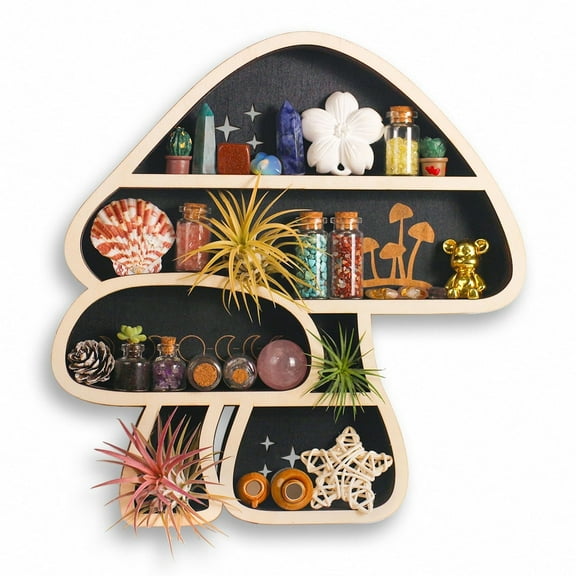 Cute Wooden Floating Mushroom Shelf for Wall, Crystal Display Shelf Rock Gem Stone Display Shelf