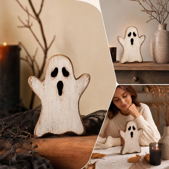 Cute Wooden Ghost Ornament - Solid wood base with distressed crackle finish, vintage weathered texture. Compact and space-saving for Tabletop, Shelf, and Windowsill Decor, 6.30" x 2.36"