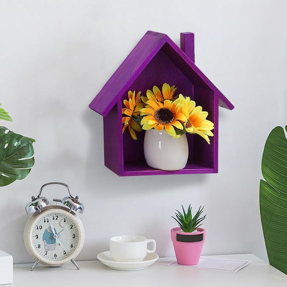 Cute Wooden House Wall Shelf for Kids Room Kitchen Storage Decorative Display Rack, Solid Wood Construction, Space-Saving Design Purple