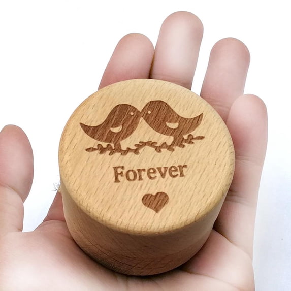 Cute Wooden - Small Premium Round Ear Jewelry Storage Organizer Gift Box with Forever Pattern for Proposal, Engagement, Wedding