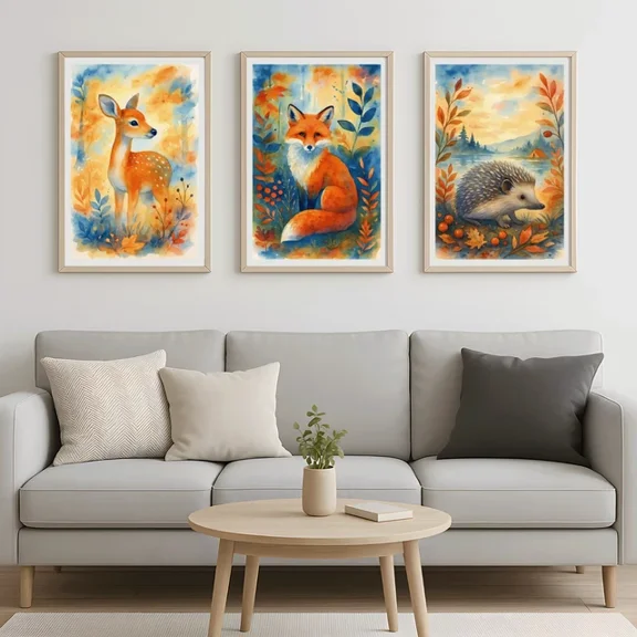 Cute Woodland Animal Posters Set of 3 | Watercolor Fox Fawn Hedgehog Wall Art, Poster Only