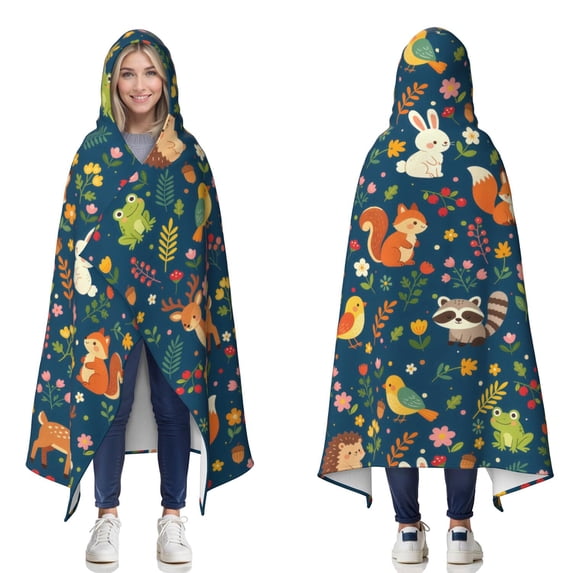 Cute Woodland Animal Wearable Blanket Hoodies for Women Men Adults Animal Lovers Cozy Warm Cartoon Flowers Rabbit Fox Raccoons Hooded Blankets for Couch Bed Decor 50x60 Inch