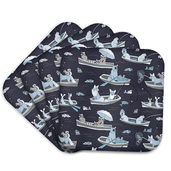 3drose, Cute Woodland Animals Day at the Lake Pattern, Set of 4 Coasters - Soft