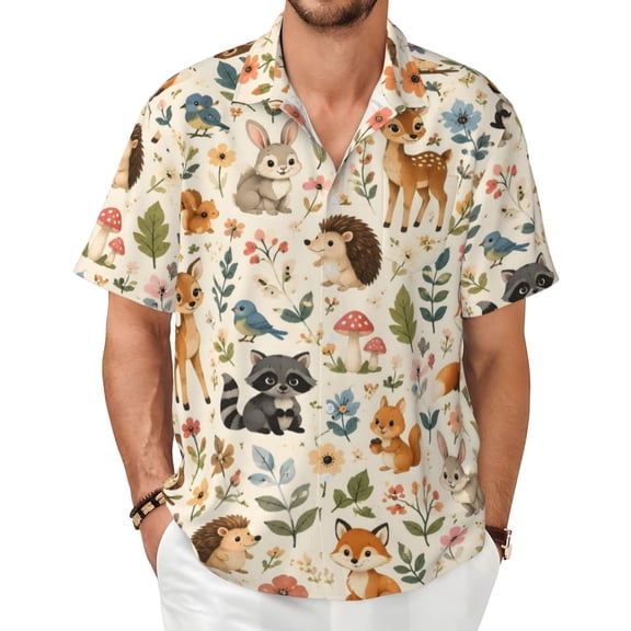 Cute Woodland Animals Men's Shirts Short-Sleeved with All-Over Prints Button-Up Shirts