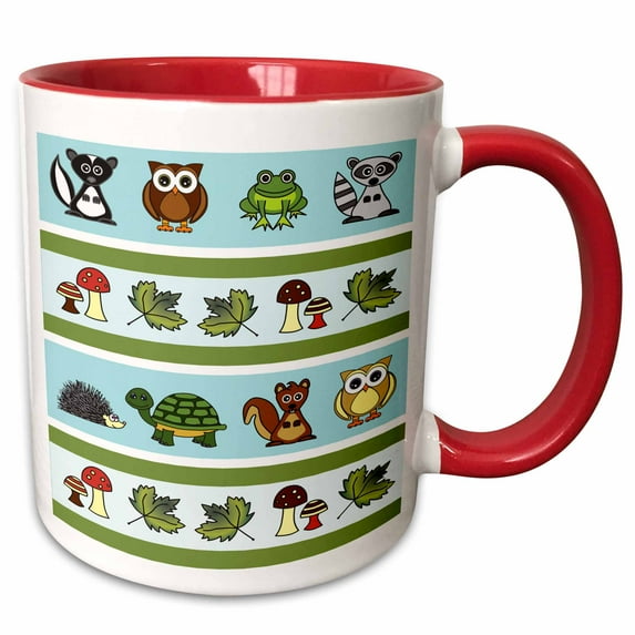 3drose, Cute Woodland Creatures Forest Print, 11oz Two-tone Red Mug